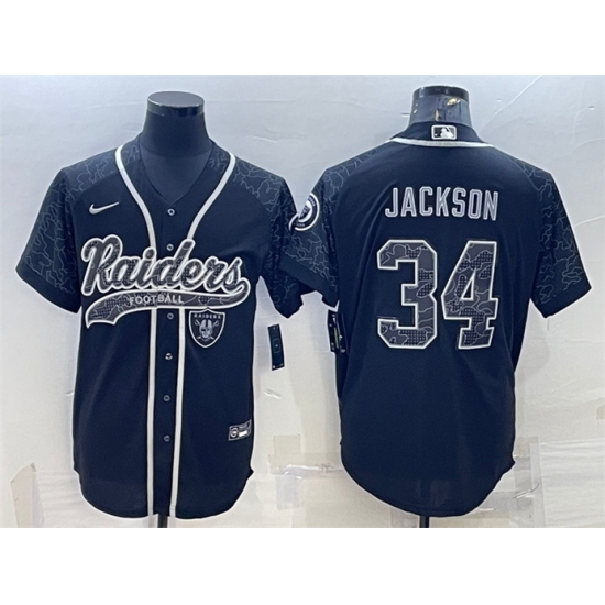 Men Las Vegas Raiders 34 Bo Jackson Black Reflective With Patch Cool Base Stitched Baseball Jersey Men Las Vegas Raiders 34 Bo Jackson Black Reflective With Patch Cool Base Stitched Baseball Jersey