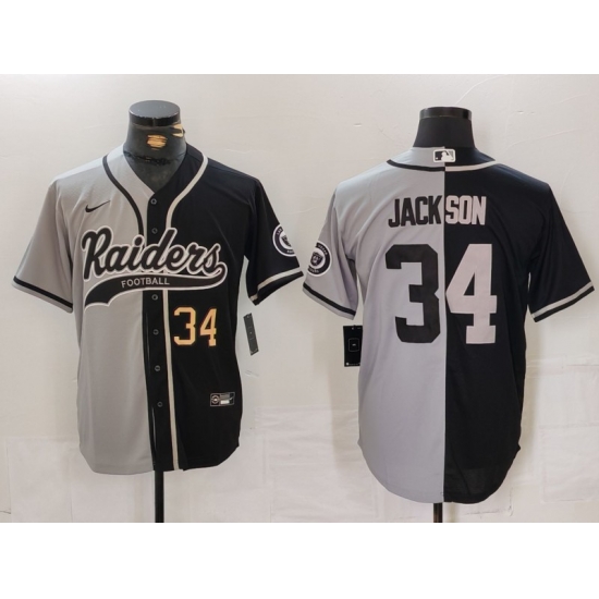 Men Las Vegas Raiders 34 Bo Jackson Grey Black Split Cool Base Stitched Baseball Jersey 1 Men Las Vegas Raiders 34 Bo Jackson Grey Black Split Cool Base Stitched Baseball Jersey 1