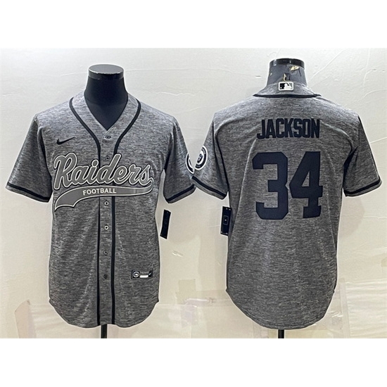 Men Las Vegas Raiders 34 Bo Jackson Grey With Patch Cool Base Stitched Baseball Jersey Men Las Vegas Raiders 34 Bo Jackson Grey With Patch Cool Base Stitched Baseball Jersey