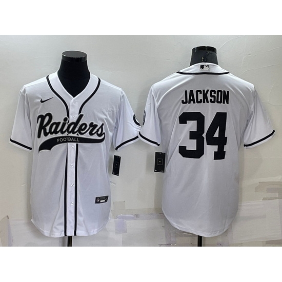 Men Las Vegas Raiders 34 Bo Jackson White Cool Base Stitched Baseball Jersey Men Las Vegas Raiders 34 Bo Jackson White Cool Base Stitched Baseball Jersey