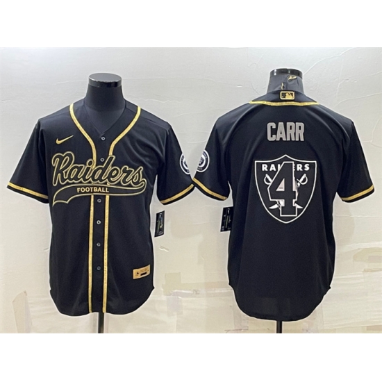 Men Las Vegas Raiders 4 Derek Carr Black Gold Team Big Logo With Patch Cool Base Stitched Baseball Jersey Men Las Vegas Raiders 4 Derek Carr Black Gold Team Big Logo With Patch Cool Base Stitched Baseball Jersey