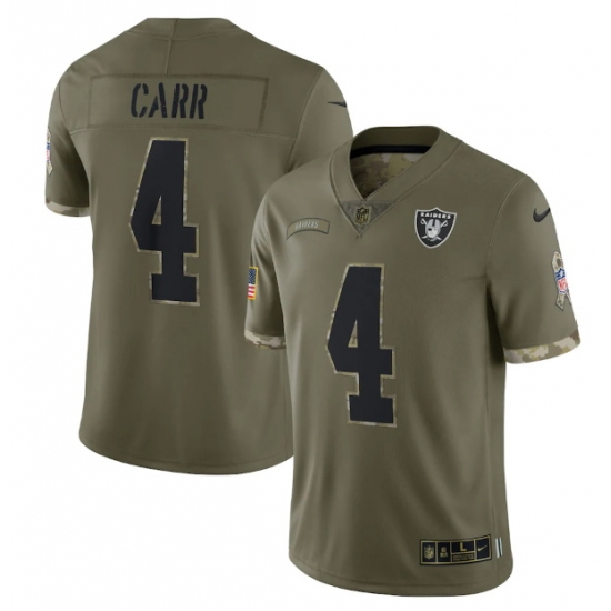 Men Las Vegas Raiders 4 Derek Carr Olive 2022 Salute To Service Limited Stitched Jersey Men Las Vegas Raiders 4 Derek Carr Olive 2022 Salute To Service Limited Stitched Jersey
