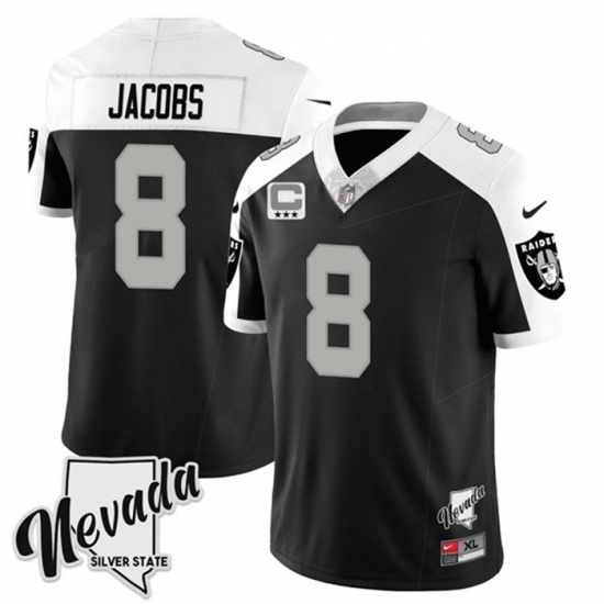 Men Las Vegas Raiders 8 Josh Jacobs Black White 2023 F U S E Nevada Silver Stat With 3 Star C Patch Stitched Football Jersey Men Las Vegas Raiders 8 Josh Jacobs Black White 2023 F U S E Nevada Silver Stat With 3 Star C Patch Stitched Football Jersey