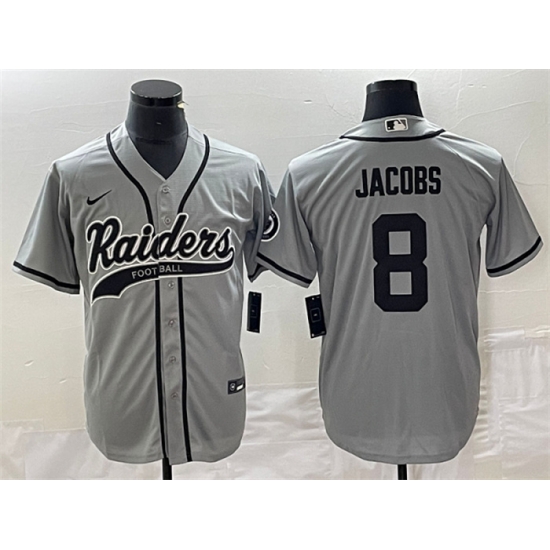 Men Las Vegas Raiders 8 Josh Jacobs Gray Cool Base Stitched Baseball Jersey Men Las Vegas Raiders 8 Josh Jacobs Gray Cool Base Stitched Baseball Jersey
