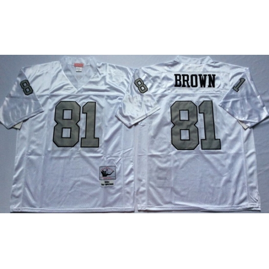 Men Las Vegas Raiders 81 Tim Brown White Silver M&N Throwback Jersey Men Las Vegas Raiders 81 Tim Brown White Silver M&N Throwback Jersey