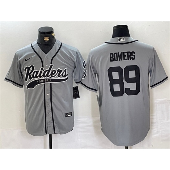 Men Las Vegas Raiders 89 Brock Bowers Grey Cool Base Stitched Baseball Jersey Men Las Vegas Raiders 89 Brock Bowers Grey Cool Base Stitched Baseball Jersey