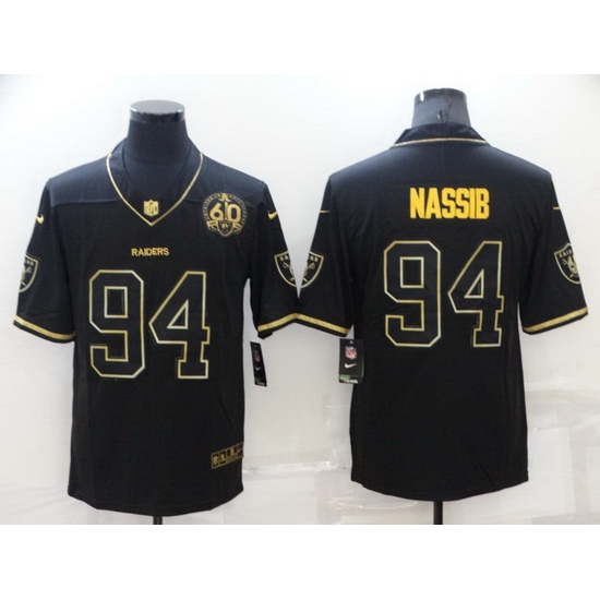 Men Las Vegas Raiders 94 Carl Nassib Black Gold With 60th Anniversary Patch Vapor Limited Stitched jersey Men Las Vegas Raiders 94 Carl Nassib Black Gold With 60th Anniversary Patch Vapor Limited Stitched jersey