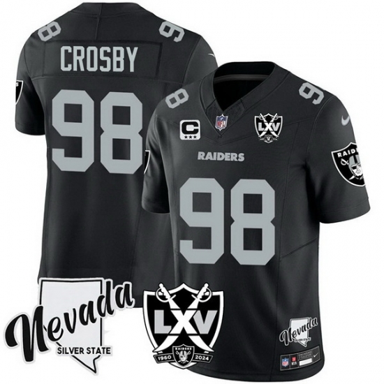 Men Las Vegas Raiders 98 Maxx Crosby Black 2024 F U S E With Nevada Silver Stat Patch And 65th Anniversary Patch 3 Star C Patch Stitched Football Jersey Men Las Vegas Raiders 98 Maxx Crosby Black 2024 F U S E With Nevada Silver Stat Patch And 65th Anniversary Patch 3 Star C Patch Stitched Football Jersey