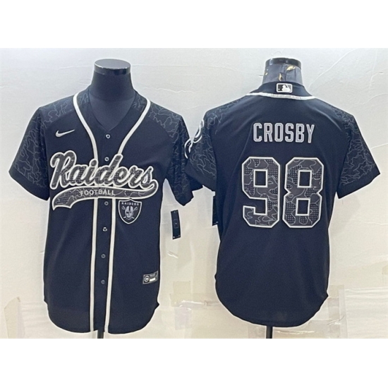 Men Las Vegas Raiders 98 Maxx Crosby Black Reflective With Patch Cool Base Stitched Baseball Jersey Men Las Vegas Raiders 98 Maxx Crosby Black Reflective With Patch Cool Base Stitched Baseball Jersey