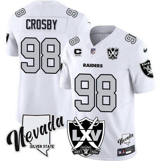 Men Las Vegas Raiders 98 Maxx Crosby White 2024 F U S E With Nevada Silver Stat Patch And 65th Anniversary Patch 3 Star C Patch Stitched Football Jersey Men Las Vegas Raiders 98 Maxx Crosby White 2024 F U S E With Nevada Silver Stat Patch And 65th Anniversary Patch 3 Star C Patch Stitched Football Jersey