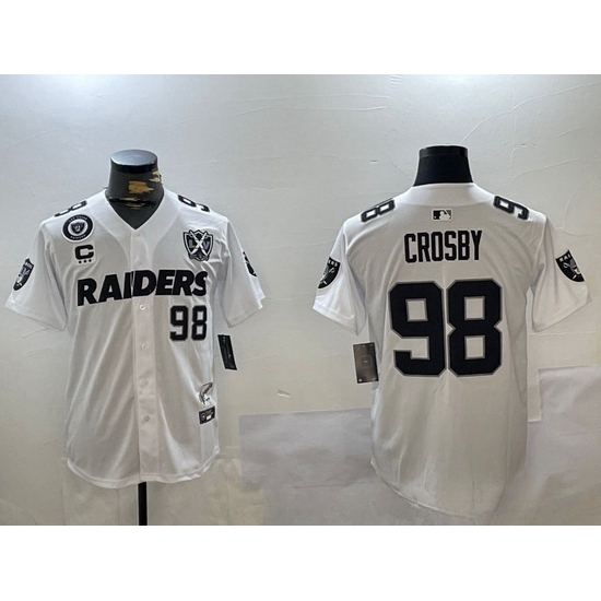 Men Las Vegas Raiders 98 Maxx Crosby White With Nevada Silver Stat Patch And 65th Anniversary Patch 3 Star C Patch Stitched Baseball Jersey 1 Men Las Vegas Raiders 98 Maxx Crosby White With Nevada Silver Stat Patch And 65th Anniversary Patch 3 Star C Patch Stitched Baseball Jersey 1