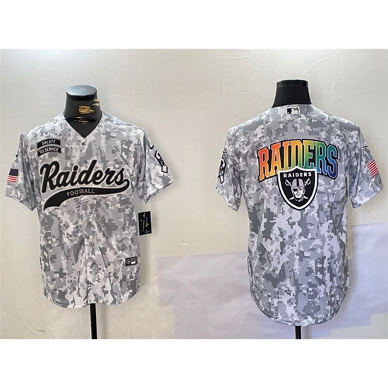 Men Las Vegas Raiders Team Big Logo 2024 Arctic Camo Salute To Service Stitched Baseball Jersey Men Las Vegas Raiders Team Big Logo 2024 Arctic Camo Salute To Service Stitched Baseball Jersey