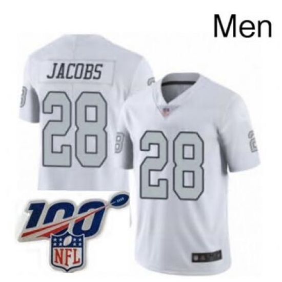 Mens Oakland Raiders 28 Josh Jacobs Limited White Rush 100th Season Football Jersey Mens Oakland Raiders 28 Josh Jacobs Limited White Rush 100th Season Football Jersey