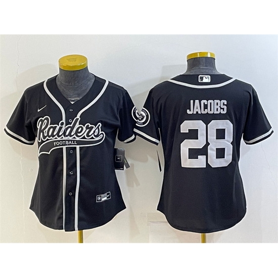 Women Las Vegas Raiders 28 Josh Jacobs Black With Patch Cool Base Stitched Baseball Jersey Women Las Vegas Raiders 28 Josh Jacobs Black With Patch Cool Base Stitched Baseball Jersey