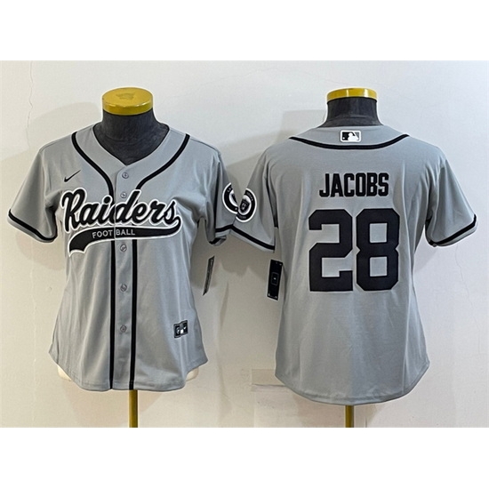 Women Las Vegas Raiders 28 Josh Jacobs Grey With Patch Cool Base Stitched Baseball Jersey Women Las Vegas Raiders 28 Josh Jacobs Grey With Patch Cool Base Stitched Baseball Jersey