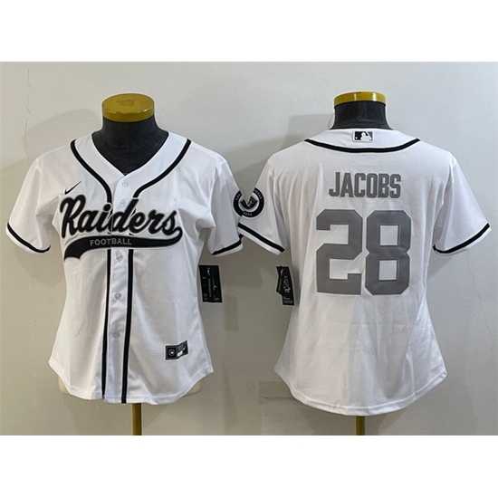 Women Las Vegas Raiders 28 Josh Jacobs White Silver With Patch Cool Base Stitched Baseball Jersey Women Las Vegas Raiders 28 Josh Jacobs White Silver With Patch Cool Base Stitched Baseball Jersey