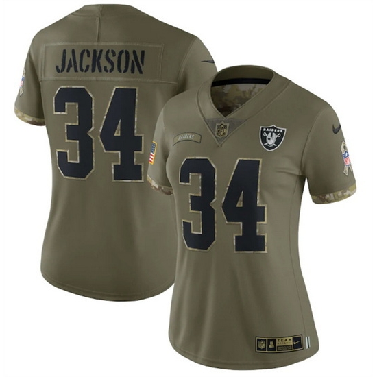 Women Las Vegas Raiders 34 Bo Jackson Olive 2022 Salute To Service Limited Stitched Jersey Women Las Vegas Raiders 34 Bo Jackson Olive 2022 Salute To Service Limited Stitched Jersey