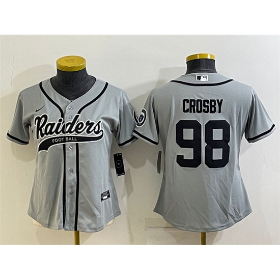 Women Las Vegas Raiders 98 Maxx Crosby Grey With Patch Cool Base Stitched Baseball Jersey Women Las Vegas Raiders 98 Maxx Crosby Grey With Patch Cool Base Stitched Baseball Jersey