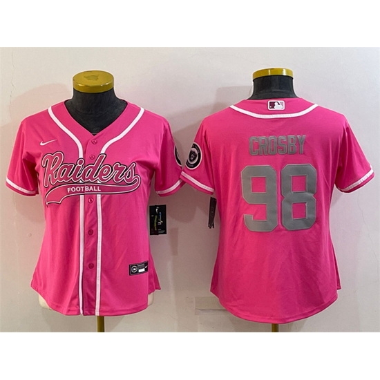 Women Las Vegas Raiders 98 Maxx Crosby Pink Silver With Patch Cool Base Stitched Women Las Vegas Raiders 98 Maxx Crosby Pink Silver With Patch Cool Base Stitched