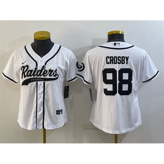 Women Las Vegas Raiders 98 Maxx Crosby White With Patch Cool Base Stitched Baseball Jersey Women Las Vegas Raiders 98 Maxx Crosby White With Patch Cool Base Stitched Baseball Jersey