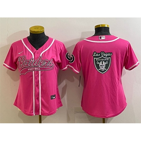 Women Las Vegas Raiders Pink Team Big Logo With Patch Cool Base Stitched Baseball Jersey Women Las Vegas Raiders Pink Team Big Logo With Patch Cool Base Stitched Baseball Jersey