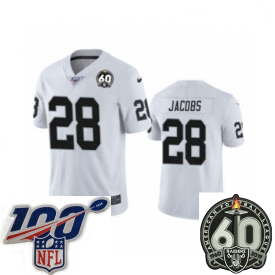 Women Oakland Raiders #28 Josh Jacobs White 60th Anniversary Vapor Untouchable Limited Player 100th Season Football Jersey Women Oakland Raiders #28 Josh Jacobs White 60th Anniversary Vapor Untouchable Limited Player 100th Season Football Jersey