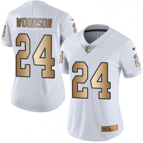 Womens Nike Oakland Raiders 24 Charles Woodson Limited WhiteGold Rush NFL Jersey Womens Nike Oakland Raiders 24 Charles Woodson Limited WhiteGold Rush NFL Jersey