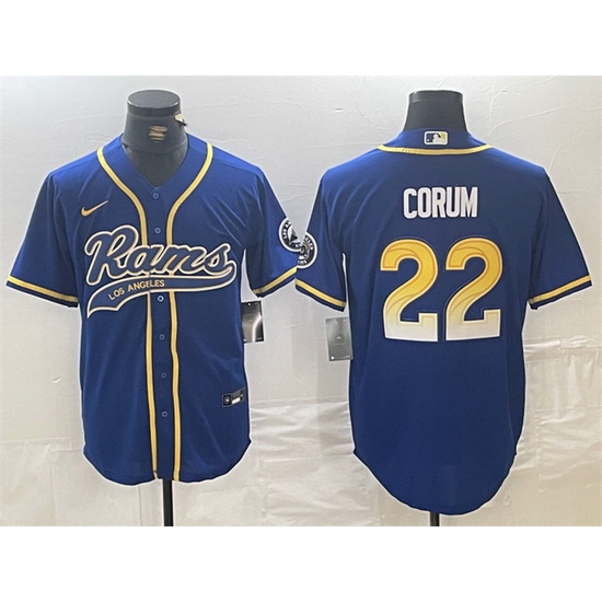 Men Los Angeles Rams 22 Blake Corum Royal Cool Base Stitched Baseball Jersey Men Los Angeles Rams 22 Blake Corum Royal Cool Base Stitched Baseball Jersey