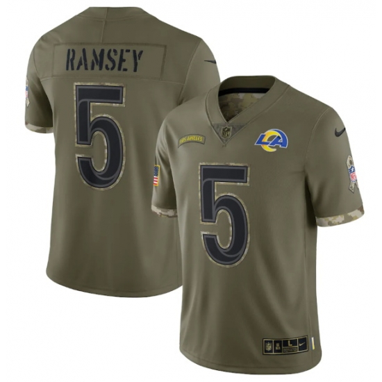 Men Los Angeles Rams 5 Jalen Los Angeles Ramsey Olive 2022 Salute To Service Limited Stitched Jersey Men Los Angeles Rams 5 Jalen Los Angeles Ramsey Olive 2022 Salute To Service Limited Stitched Jersey