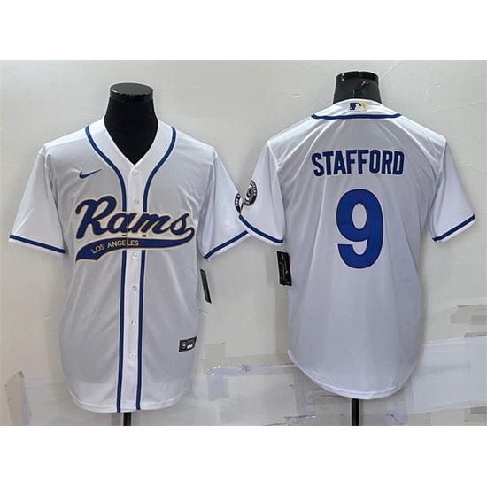 Men Los Angeles Rams 9 Matthew Stafford White With Patch Cool Base Stitched Baseball Jersey Men Los Angeles Rams 9 Matthew Stafford White With Patch Cool Base Stitched Baseball Jersey