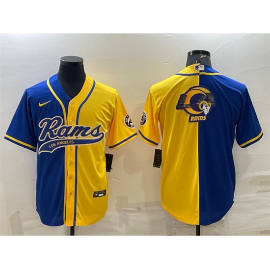 Men Los Angeles Rams Royal Yellow Split Team Big Logo With Patch Cool Base Stitched Baseball Jersey Men Los Angeles Rams Royal Yellow Split Team Big Logo With Patch Cool Base Stitched Baseball Jersey