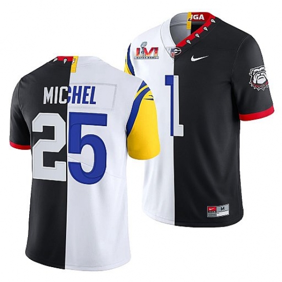 Men Los Angeles Rams X Georgia Bulldogs 25 Sony Michel Black White Split Super Bowl LVI Stitched Jerse Men Los Angeles Rams X Georgia Bulldogs 25 Sony Michel Black White Split Super Bowl LVI Stitched Jerse