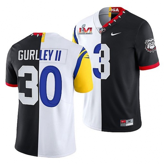 Men Los Angeles Rams X Georgia Bulldogs 30 Todd Gurley II Black White Split Super Bowl LVI Stitched Jerse Men Los Angeles Rams X Georgia Bulldogs 30 Todd Gurley II Black White Split Super Bowl LVI Stitched Jerse
