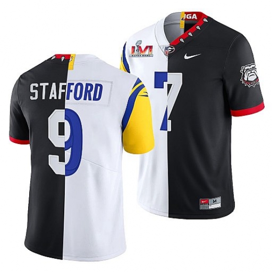 Men Los Angeles Rams X Georgia Bulldogs 9 Matthew Stafford Black White Split Super Bowl LVI Stitched Jerse Men Los Angeles Rams X Georgia Bulldogs 9 Matthew Stafford Black White Split Super Bowl LVI Stitched Jerse