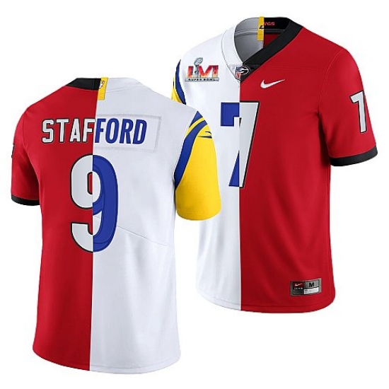 Men Los Angeles Rams X Georgia Bulldogs 9 Matthew Stafford Red White Split Super Bowl LVI Stitched Jerse Men Los Angeles Rams X Georgia Bulldogs 9 Matthew Stafford Red White Split Super Bowl LVI Stitched Jerse