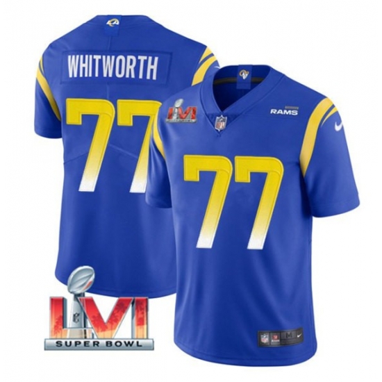 Nike Los Angeles Rams 77 Andrew Whitworth Royal 2022 Super Bowl LVI Vapor Limited Jersey Nike Los Angeles Rams 77 Andrew Whitworth Royal 2022 Super Bowl LVI Vapor Limited Jersey