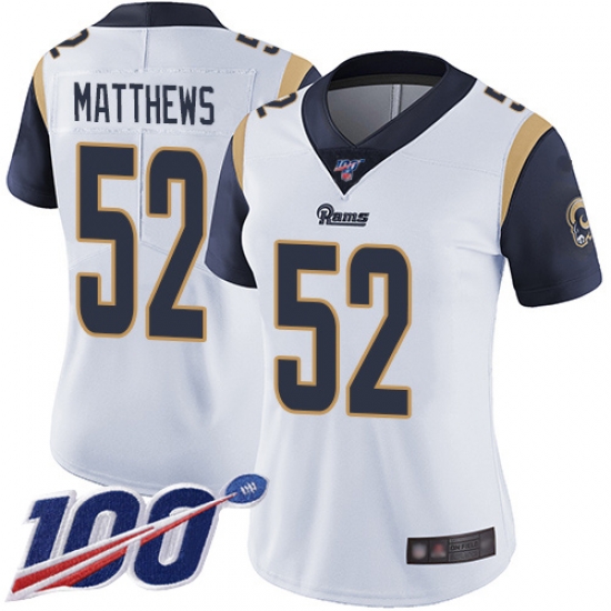 Women Rams 52 Clay Matthews White Stitched Football 100th Season Vapor Limited Jersey Women Rams 52 Clay Matthews White Stitched Football 100th Season Vapor Limited Jersey