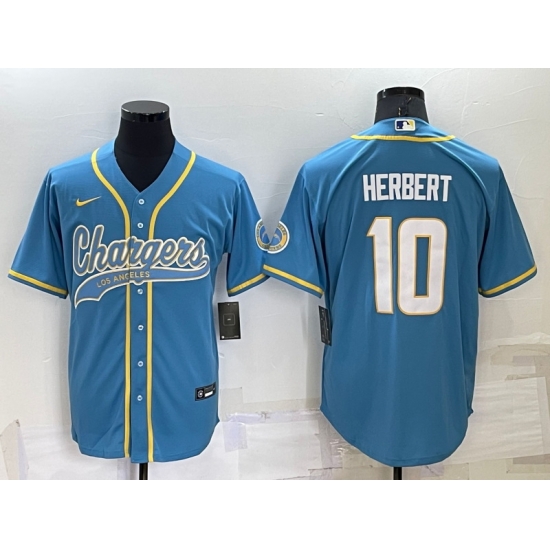 Men Los Angeles Chargers 10 Justin Herbert Blue Cool Base Stitched Baseball Jersey Men Los Angeles Chargers 10 Justin Herbert Blue Cool Base Stitched Baseball Jersey