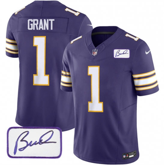 Men Minnesota Vikings 1 Greg Joseph Purple 2023 F U S E Bud Grant Patch Vapor Limited Stitched Jersey Men Minnesota Vikings 1 Greg Joseph Purple 2023 F U S E Bud Grant Patch Vapor Limited Stitched Jersey