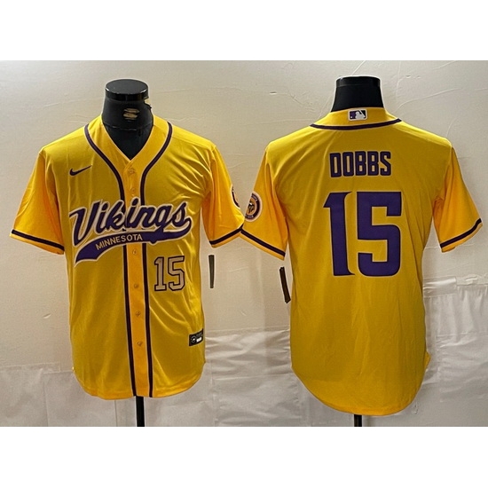 Men Minnesota Vikings 15 Dallas Turner Yellow Cool Base Stitched Baseball Jersey Men Minnesota Vikings 15 Dallas Turner Yellow Cool Base Stitched Baseball Jersey