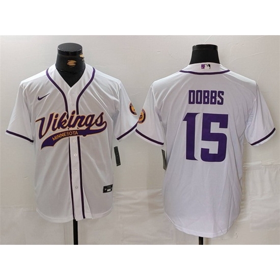 Men Minnesota Vikings 15 Joshua Dobbs White Cool Base Stitched Baseball Jersey Men Minnesota Vikings 15 Joshua Dobbs White Cool Base Stitched Baseball Jersey