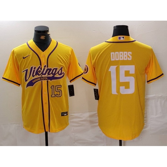 Men Minnesota Vikings 15 Joshua Dobbs Yellow Cool Base Stitched Baseball Jersey 3 Men Minnesota Vikings 15 Joshua Dobbs Yellow Cool Base Stitched Baseball Jersey 3