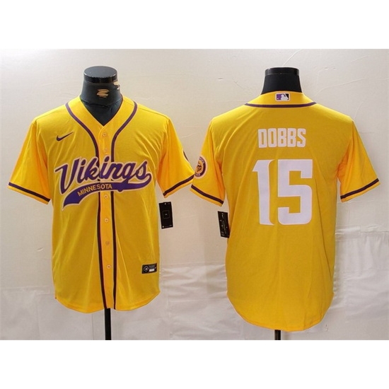 Men Minnesota Vikings 15 Joshua Dobbs Yellow Cool Base Stitched Baseball Jersey Men Minnesota Vikings 15 Joshua Dobbs Yellow Cool Base Stitched Baseball Jersey