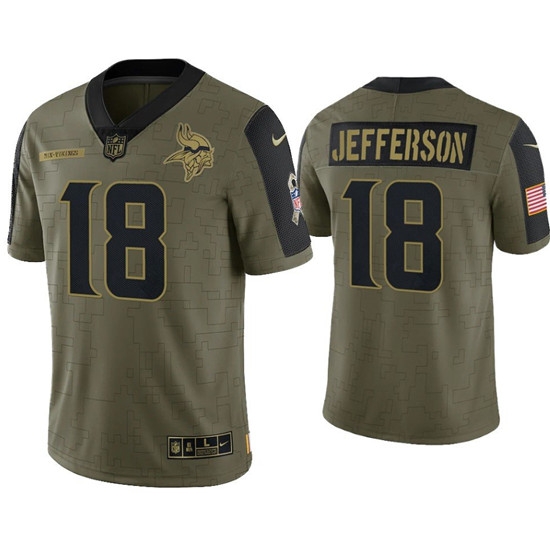 Men Minnesota Vikings 18 Justin Jefferson 2021 Olive Salute To Service Limited Stitched Jersey Men Minnesota Vikings 18 Justin Jefferson 2021 Olive Salute To Service Limited Stitched Jersey