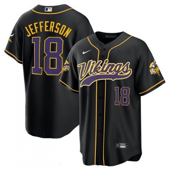 Men Minnesota Vikings 18 Justin Jefferson Black Cool Base Stitched Baseball Jersey Men Minnesota Vikings 18 Justin Jefferson Black Cool Base Stitched Baseball Jersey