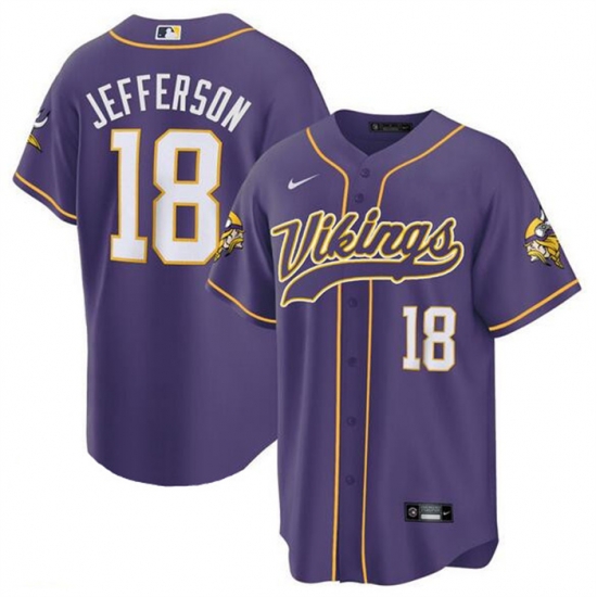 Men Minnesota Vikings 18 Justin Jefferson Purple Cool Base Stitched Baseball Jersey Men Minnesota Vikings 18 Justin Jefferson Purple Cool Base Stitched Baseball Jersey