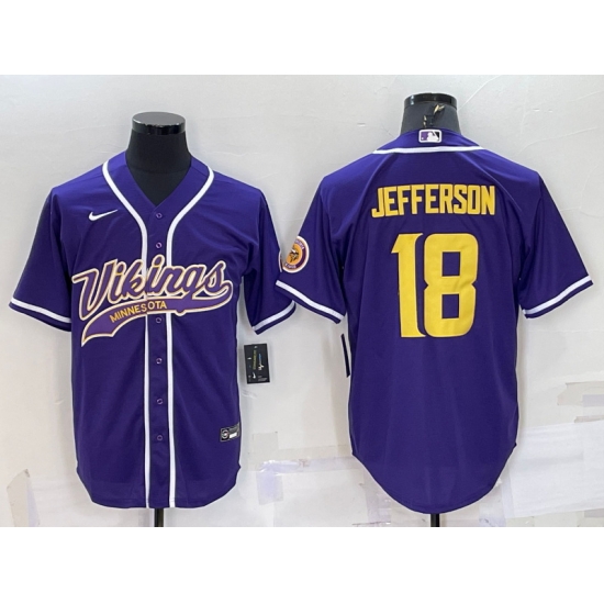 Men Minnesota Vikings 18 Justin Jefferson Purple Gold With Patch Cool Base Stitched Baseball Jersey Men Minnesota Vikings 18 Justin Jefferson Purple Gold With Patch Cool Base Stitched Baseball Jersey