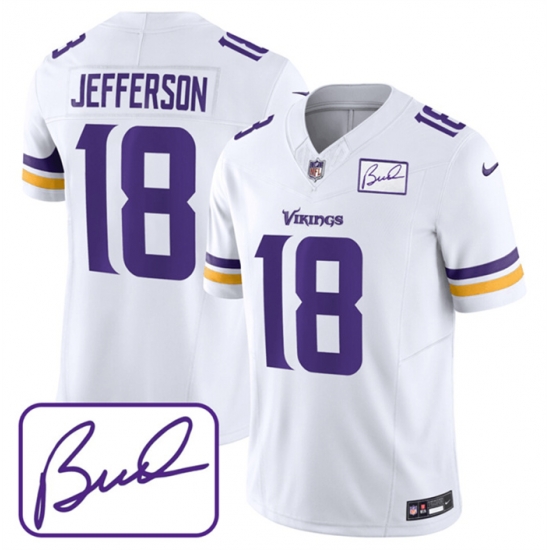 Men Minnesota Vikings 18 Justin Jefferson White 2023 F U S E Bud Grant Patch Limited Stitched Jersey Men Minnesota Vikings 18 Justin Jefferson White 2023 F U S E Bud Grant Patch Limited Stitched Jersey