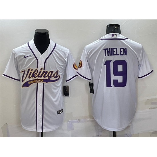 Men Minnesota Vikings 19 Adam Thielen White With Patch Cool Base Stitched Baseball Jersey Men Minnesota Vikings 19 Adam Thielen White With Patch Cool Base Stitched Baseball Jersey