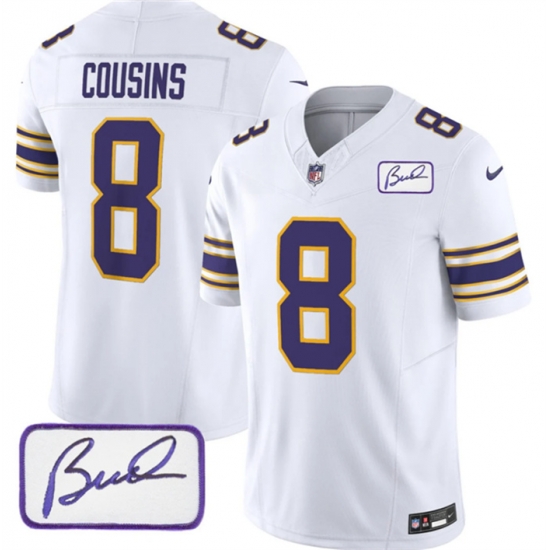 Men Minnesota Vikings 8 Kirk Cousins White 2023 F U S E Bud Grant Patch Vapor Limited Stitched Jersey Men Minnesota Vikings 8 Kirk Cousins White 2023 F U S E Bud Grant Patch Vapor Limited Stitched Jersey